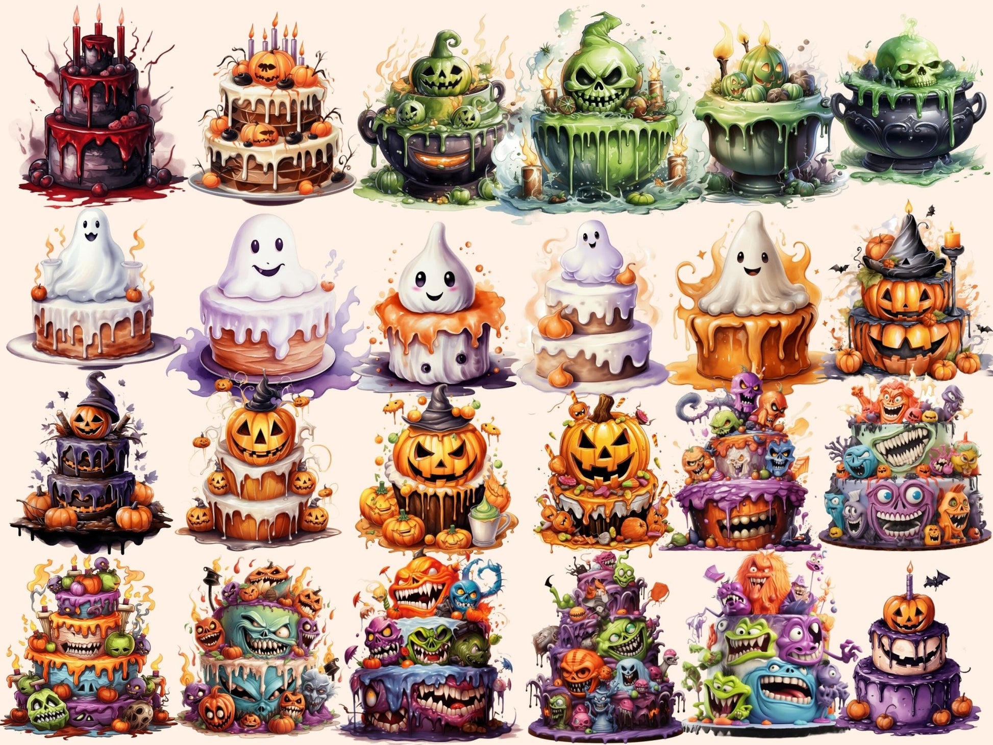 Halloween Cakes Watercolor Clipart - High - Quality Instant Digital Download for Creative Projects