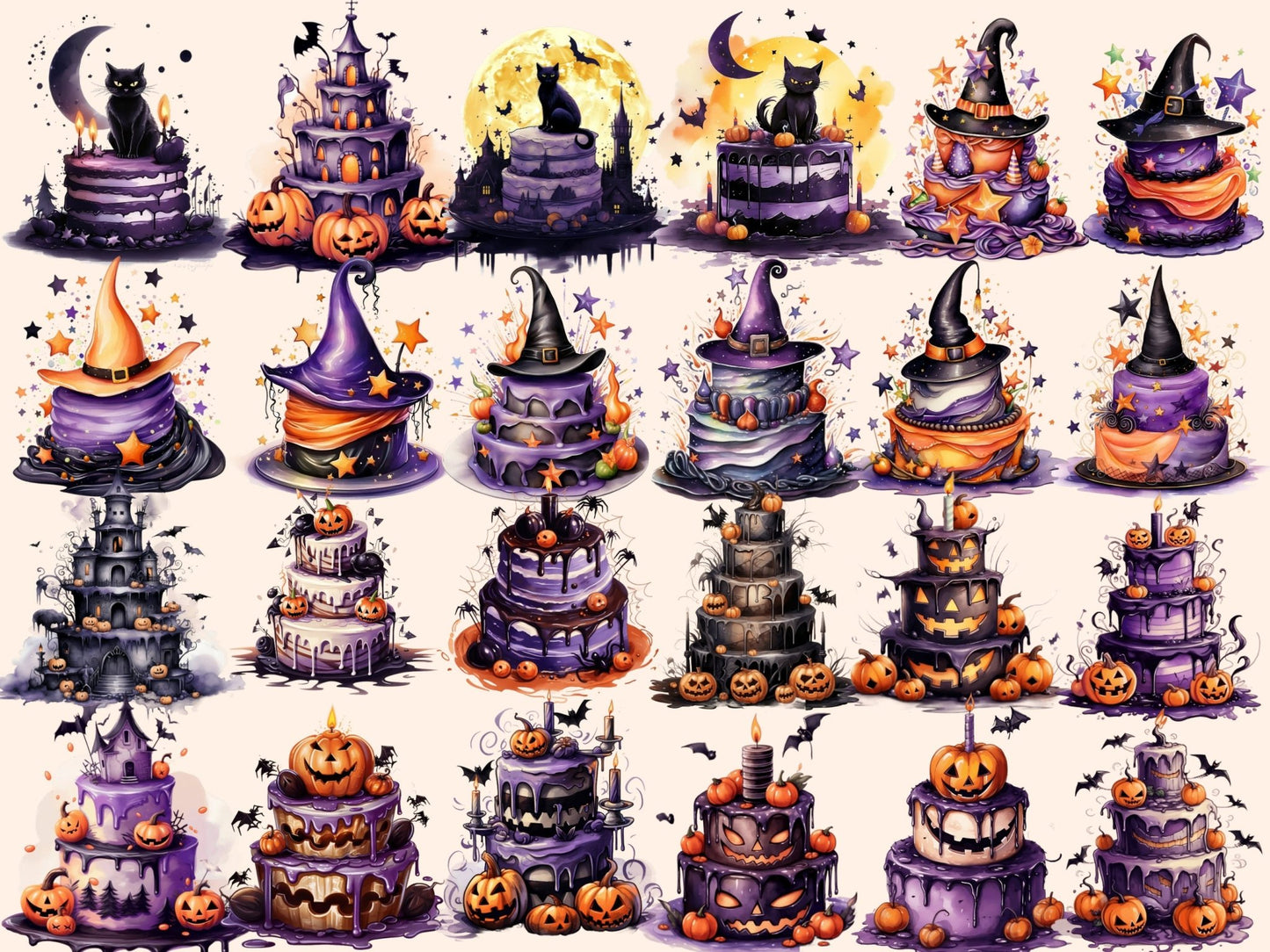 Halloween Cakes Watercolor Clipart - High - Quality Instant Digital Download for Creative Projects