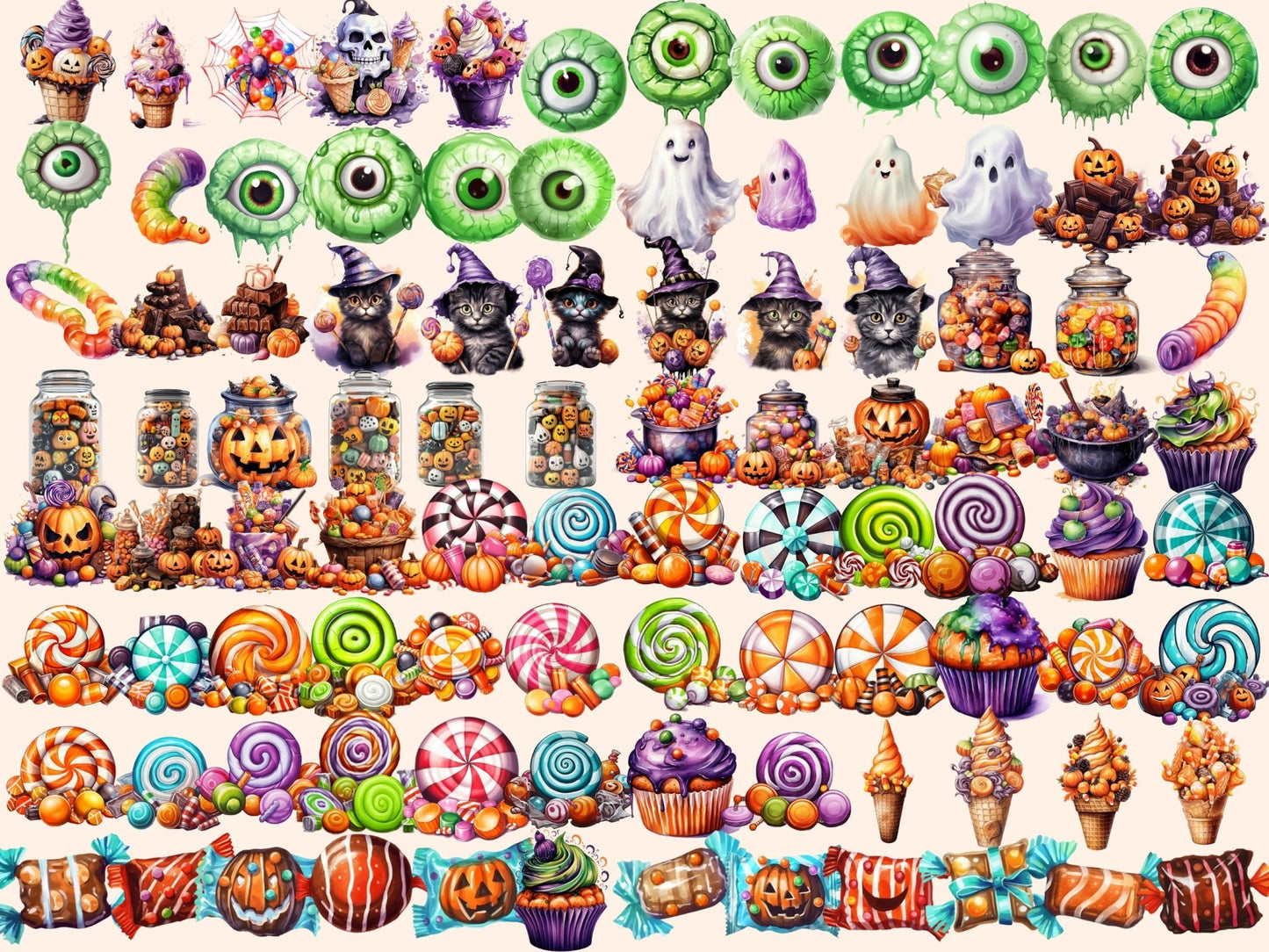 Halloween Candies Watercolor Clipart - High - Quality Instant Digital Download for Creative Projects