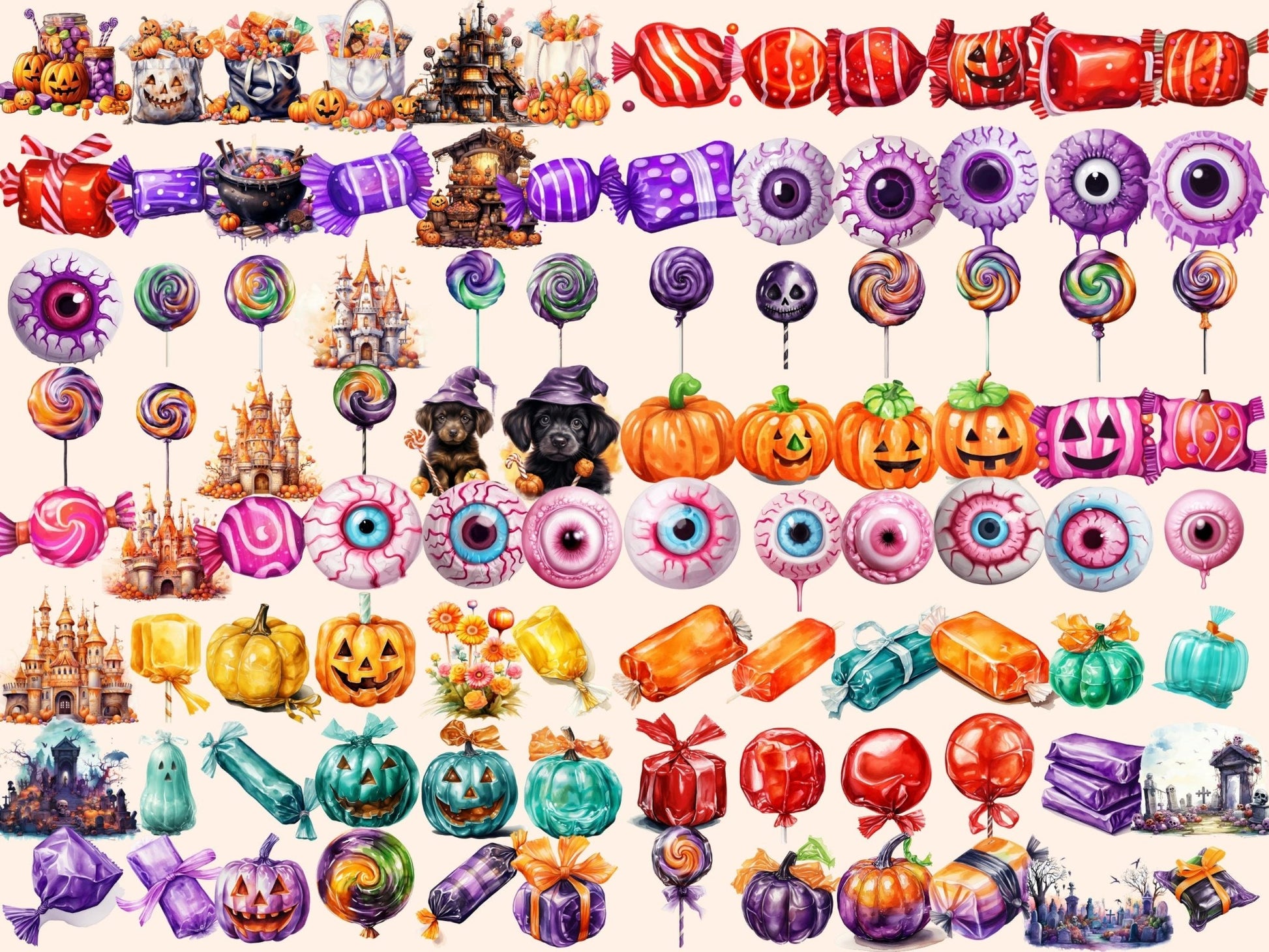 Halloween Candies Watercolor Clipart - High - Quality Instant Digital Download for Creative Projects