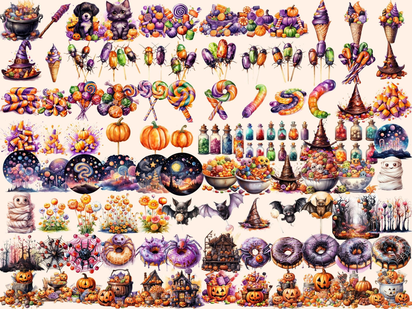 Halloween Candies Watercolor Clipart - High - Quality Instant Digital Download for Creative Projects