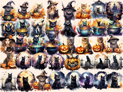 Halloween Cats Watercolor Clipart bewitching clipart - Wonders Artist