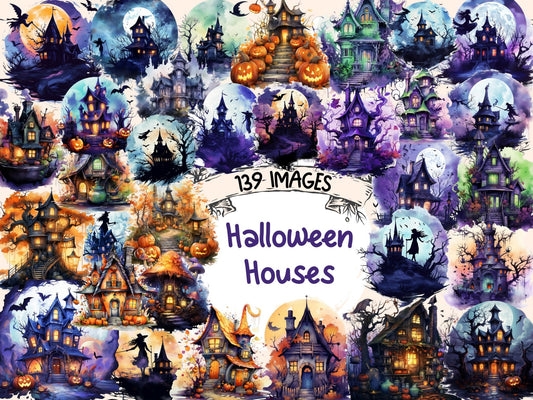 Halloween Houses Watercolor Clipart - High - Quality Instant Digital Download for Creative Projects