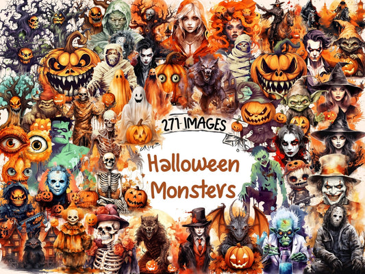 Halloween Monsters Watercolor Clipart - High - Quality Instant Digital Download for Creative Projects