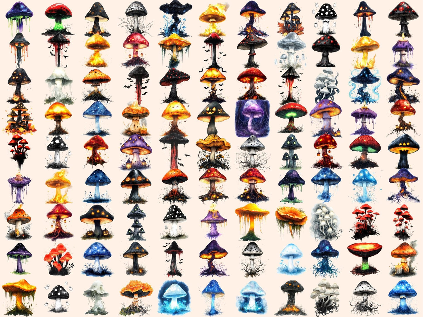 Halloween Mushrooms Watercolor Clipart - High - Quality Instant Digital Download for Creative Projects