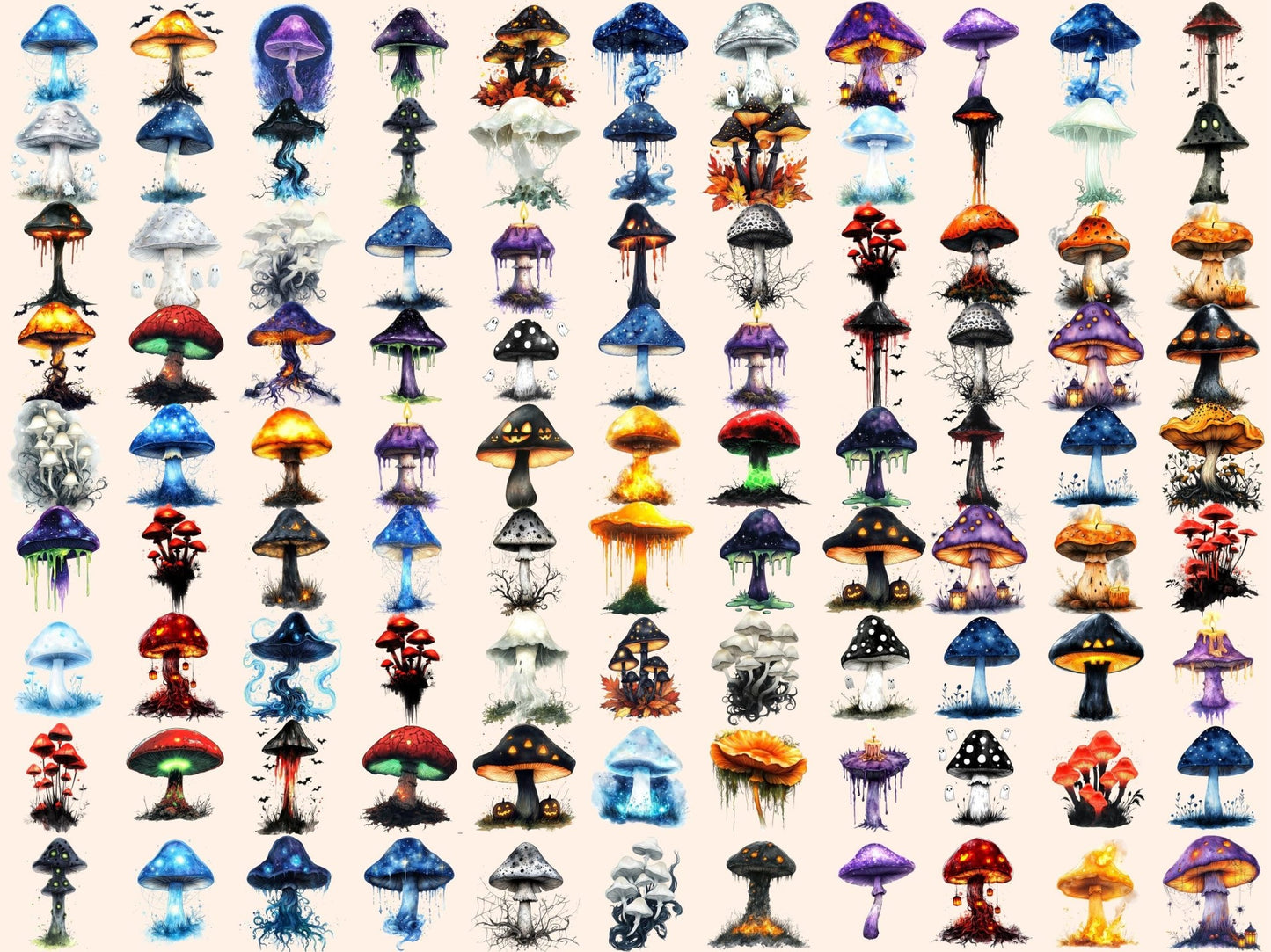 Halloween Mushrooms Watercolor Clipart - High - Quality Instant Digital Download for Creative Projects