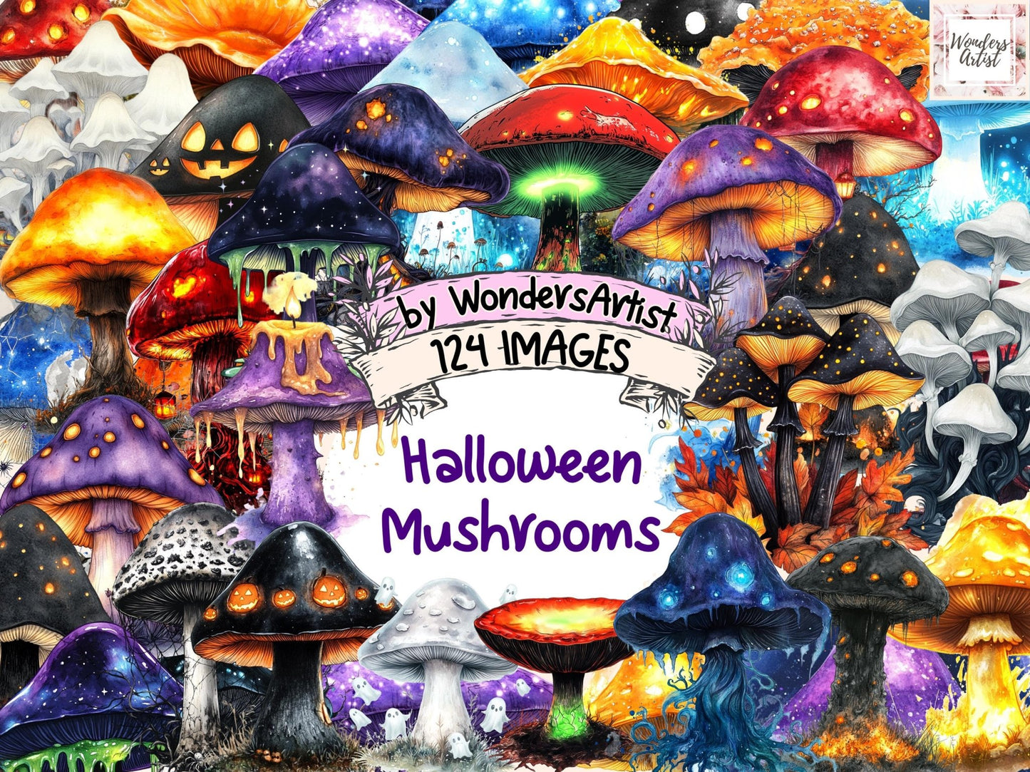 Halloween Mushrooms Watercolor Clipart - High - Quality Instant Digital Download for Creative Projects