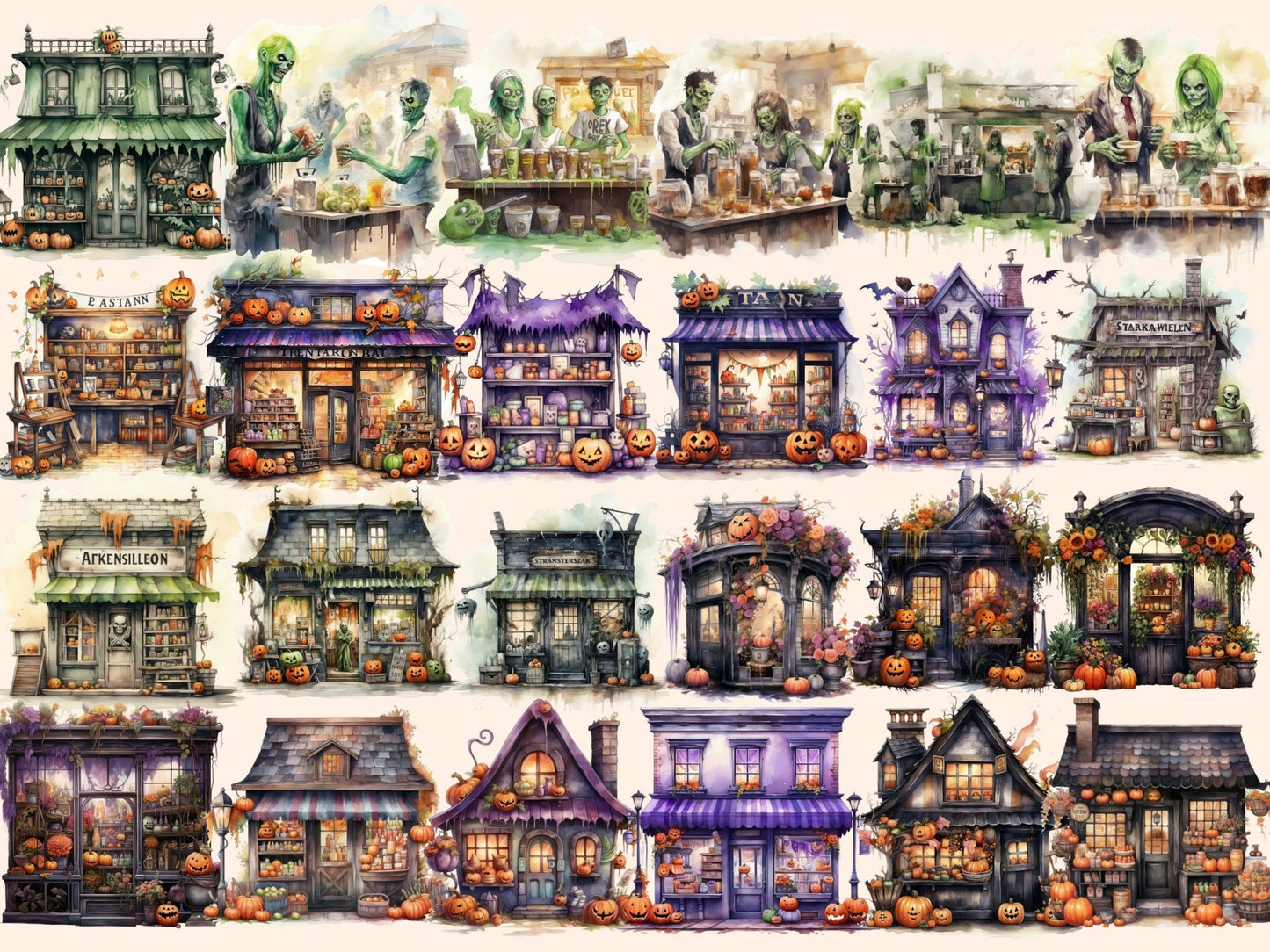 Halloween Storefronts Watercolor Clipart - High - Quality Instant Digital Download for Creative Projects