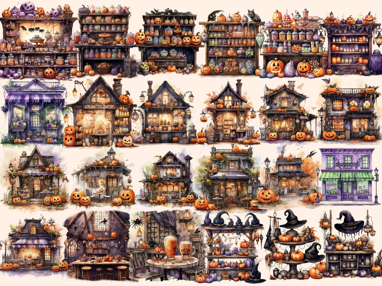 Halloween Storefronts Watercolor Clipart - High - Quality Instant Digital Download for Creative Projects