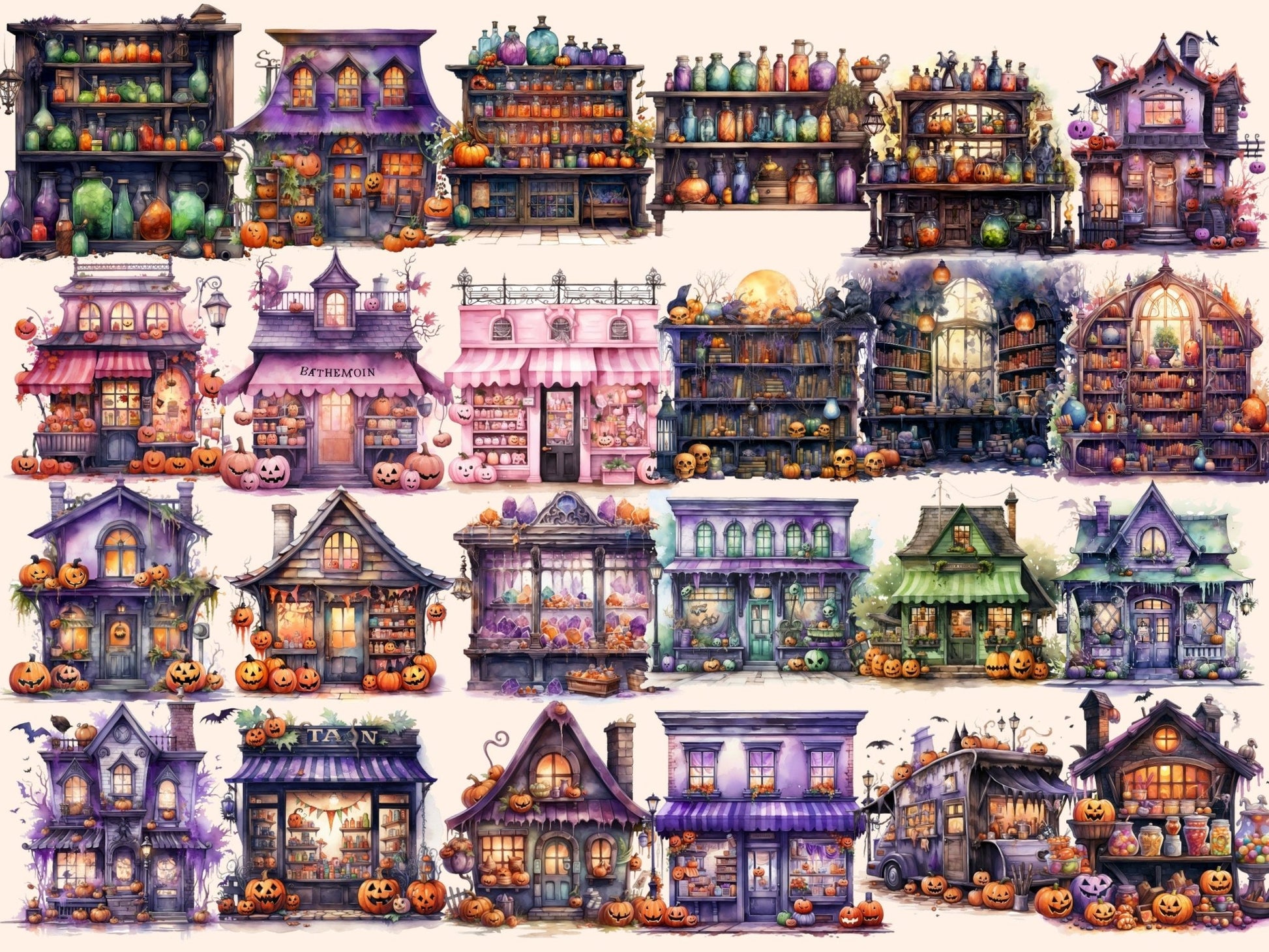 Halloween Storefronts Watercolor Clipart - High - Quality Instant Digital Download for Creative Projects