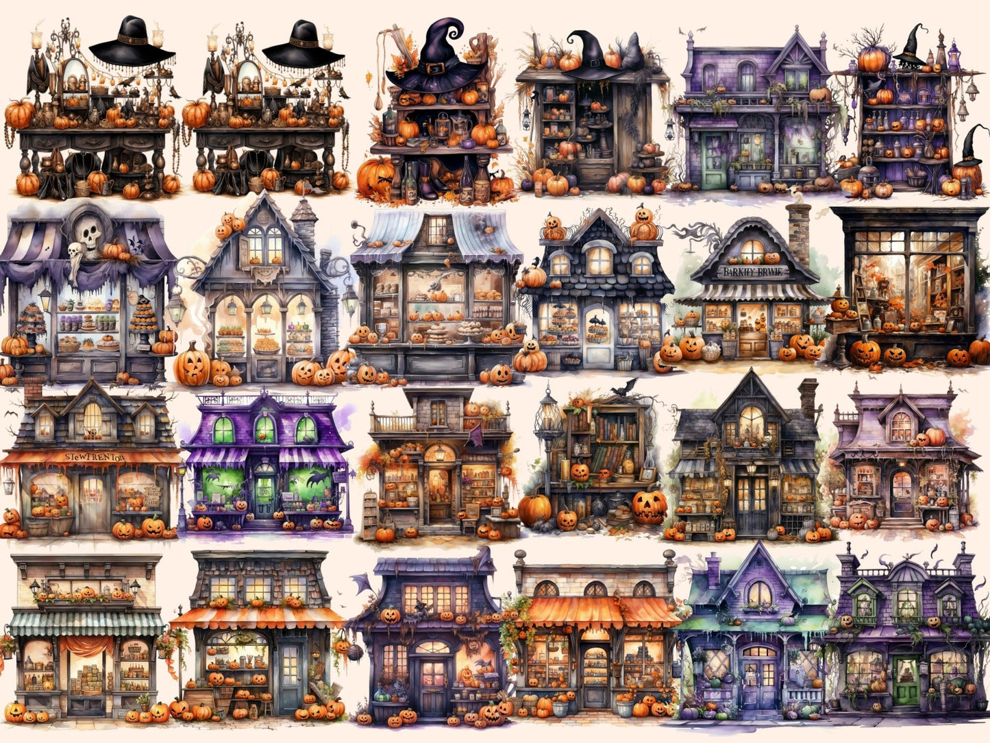 Halloween Storefronts Watercolor Clipart - High - Quality Instant Digital Download for Creative Projects