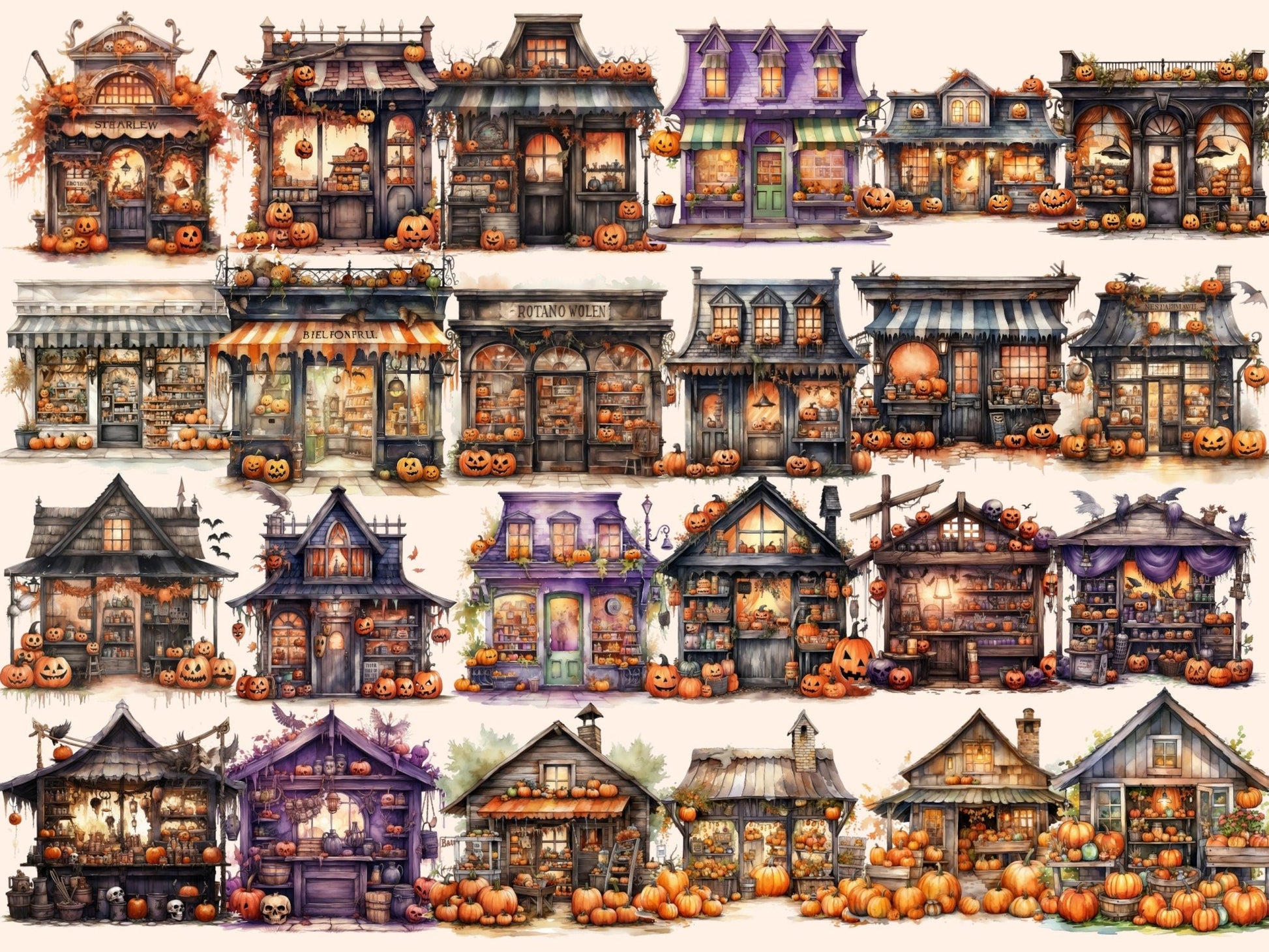 Halloween Storefronts Watercolor Clipart - High - Quality Instant Digital Download for Creative Projects