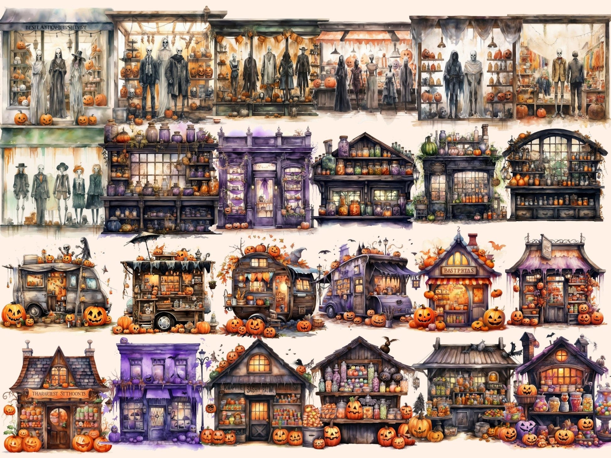 Halloween Storefronts Watercolor Clipart - High - Quality Instant Digital Download for Creative Projects