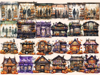 Halloween Storefronts Watercolor Clipart costume shop clipart - Wonders Artist