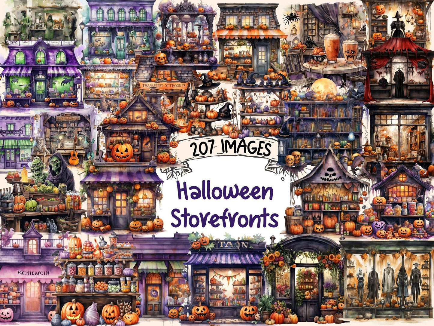 Halloween Storefronts Watercolor Clipart - High - Quality Instant Digital Download for Creative Projects