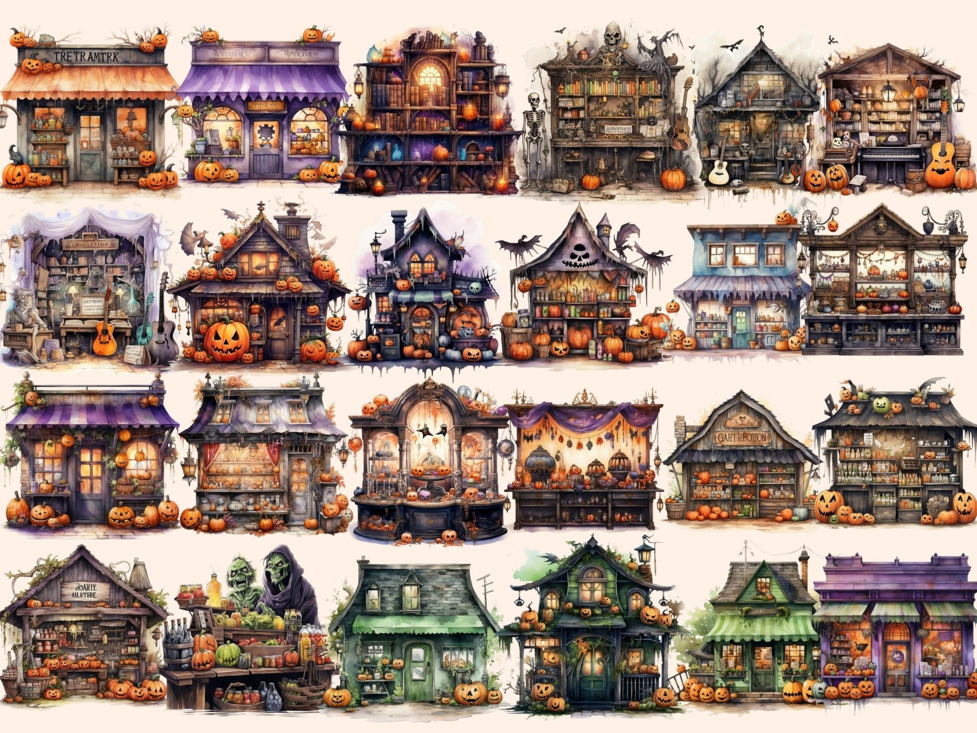 Halloween Storefronts Watercolor Clipart - High - Quality Instant Digital Download for Creative Projects