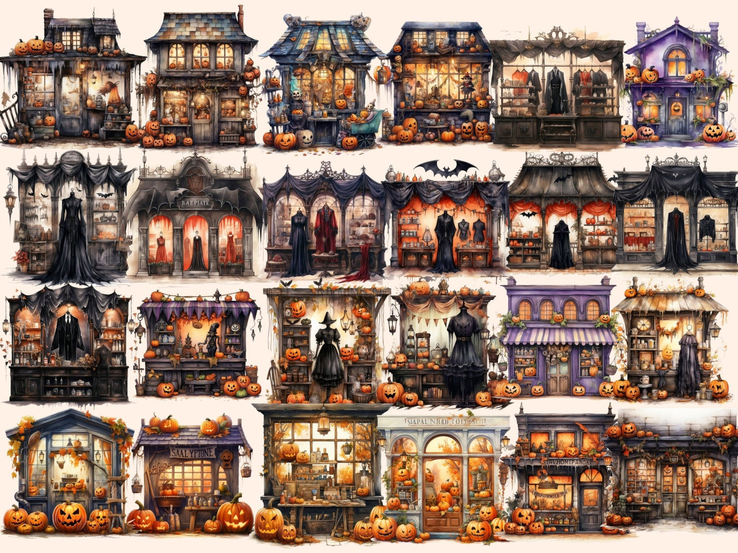 Halloween Storefronts Watercolor Clipart - High - Quality Instant Digital Download for Creative Projects