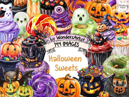 Halloween Sweets Watercolor Clipart Candy Bucket - Wonders Artist