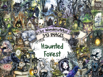 Haunted Forest Watercolor Clipart creepy forest art dark woods png eerie trees clipart - WondersArtist