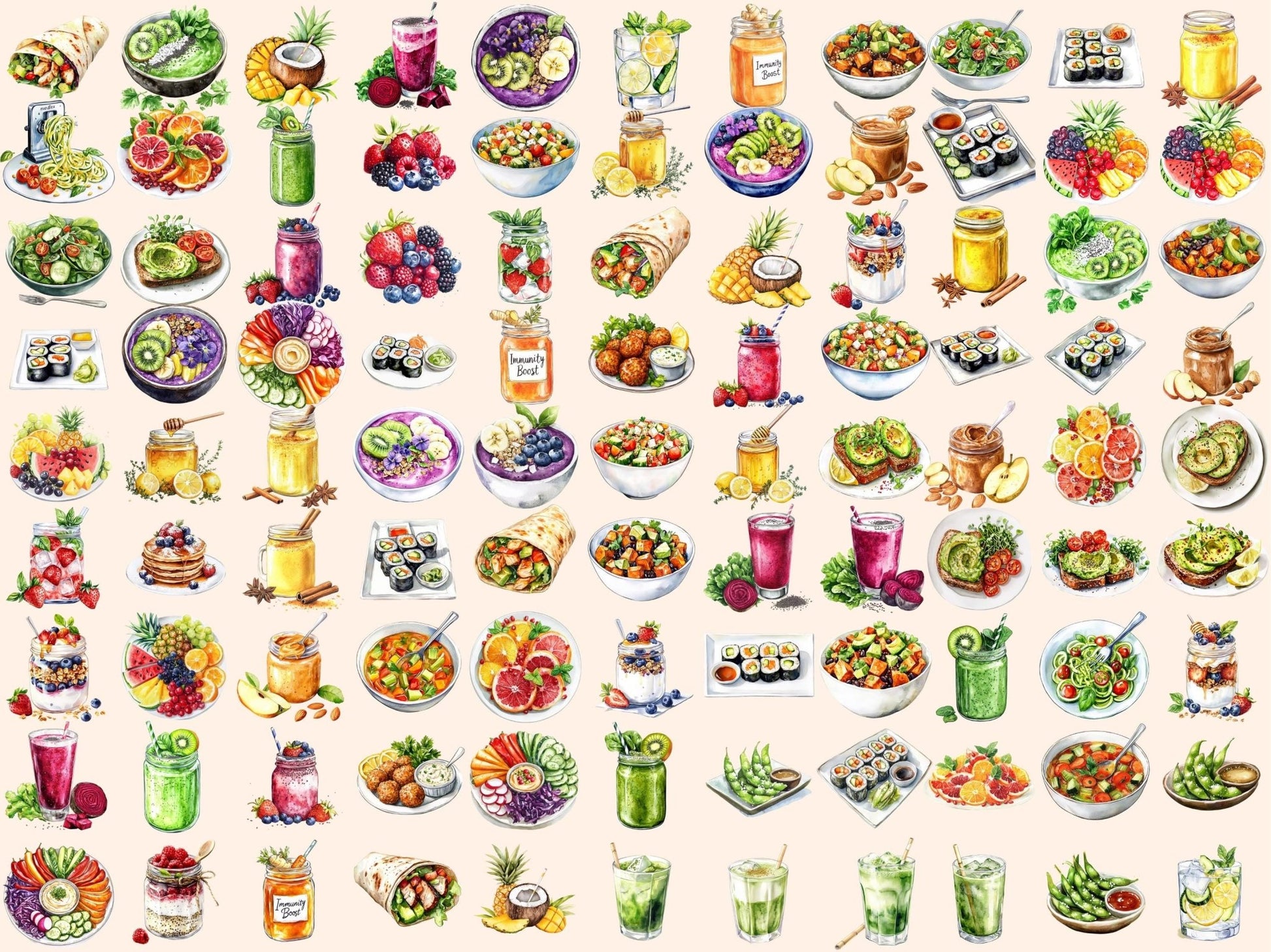 Healthy Eating Watercolor Clipart Bundle - High - Quality Instant Digital Download for Creative Projects