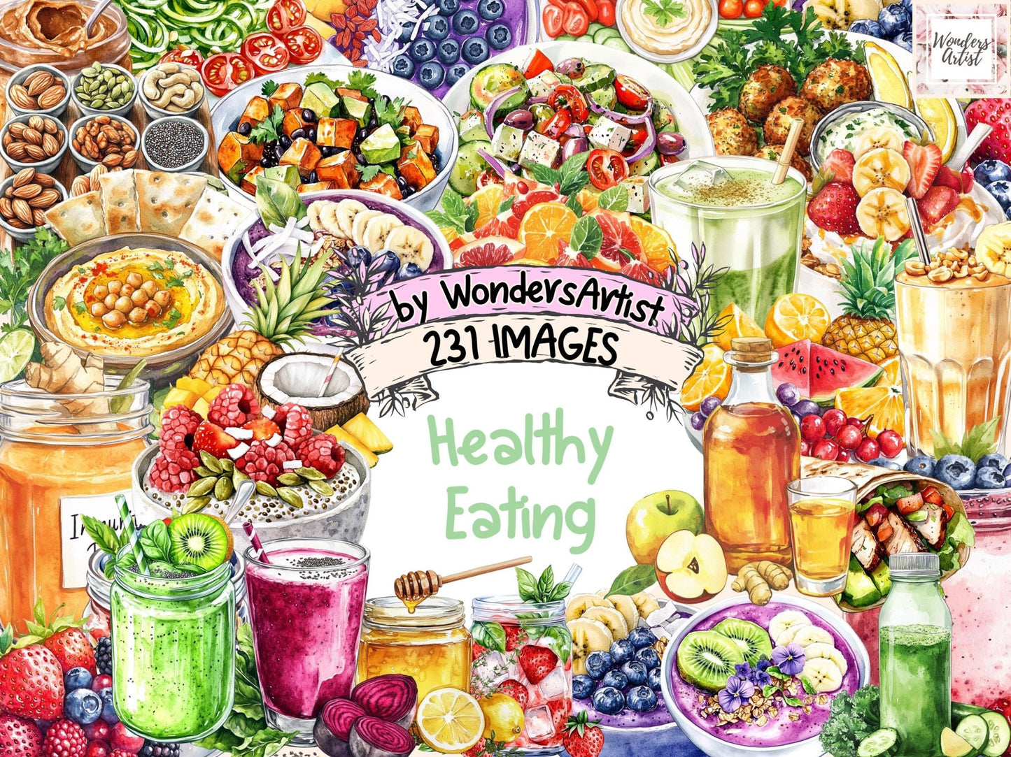 Healthy Eating Watercolor Clipart Bundle - High - Quality Instant Digital Download for Creative Projects