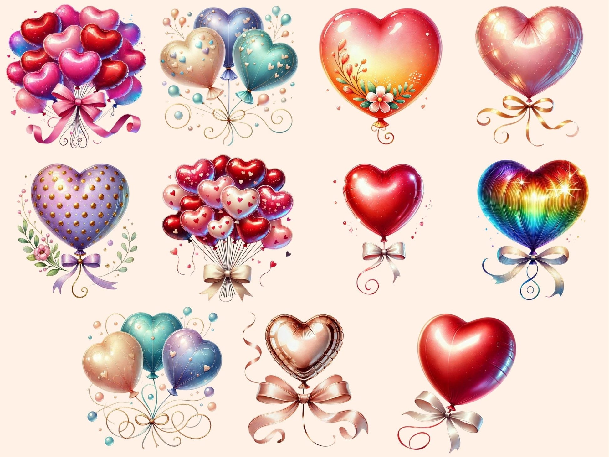 Heart Balloons (P2) Clipart - High - Quality Instant Digital Download for Creative Projects