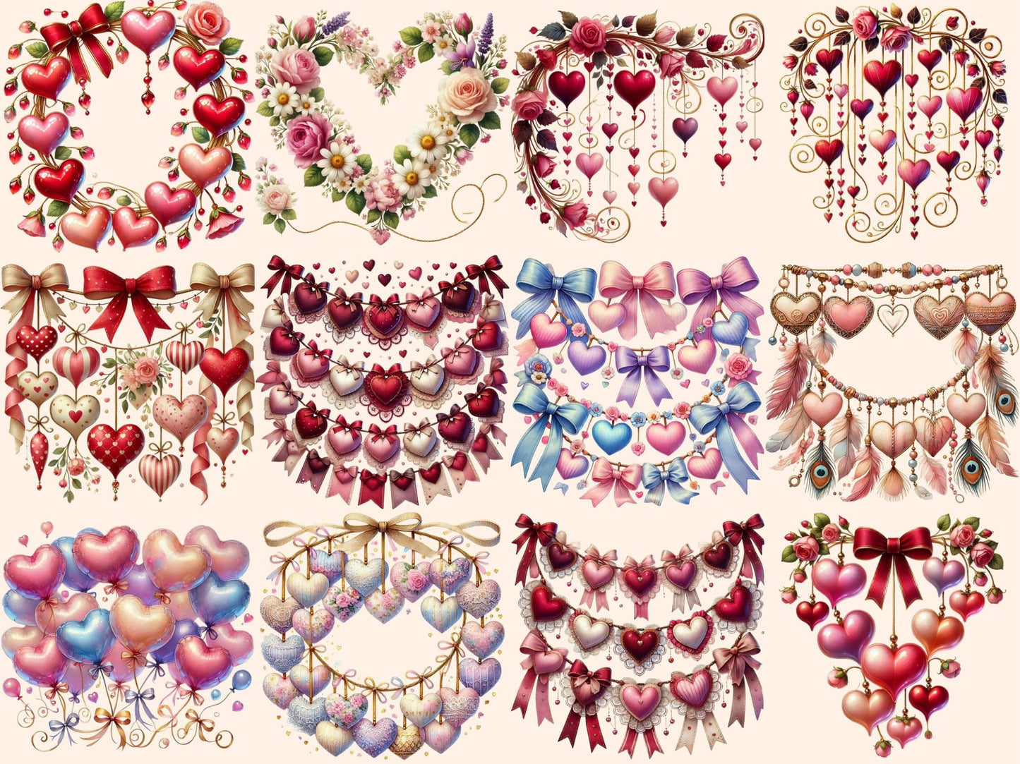 Heart Garlands Clipart - High - Quality Instant Digital Download for Creative Projects