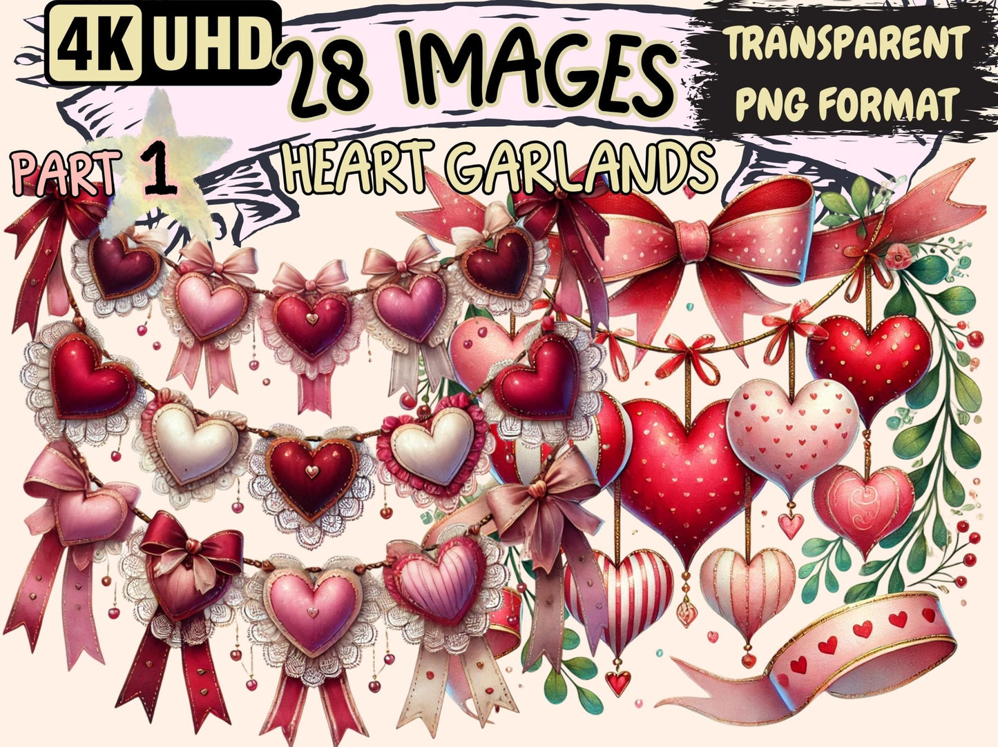 Heart Garlands Clipart - High - Quality Instant Digital Download for Creative Projects