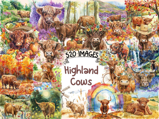 Highland Cows Watercolor Clipart - High - Quality Instant Digital Download for Creative Projects