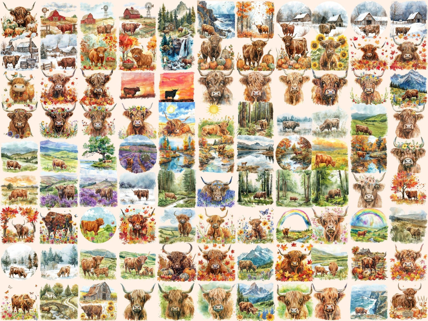 Highland Cows Watercolor Clipart - High - Quality Instant Digital Download for Creative Projects