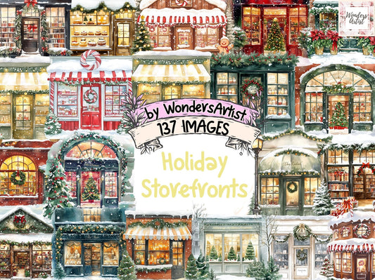 Holiday Storefronts Watercolor Clipart - High - Quality Instant Digital Download for Creative Projects