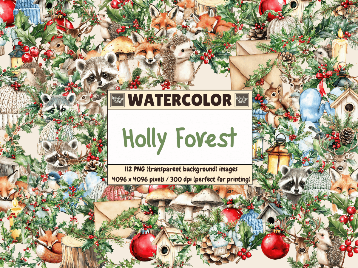 Holly Forest Watercolor Clipart All Bundles Clipart Line Art - WondersArtist