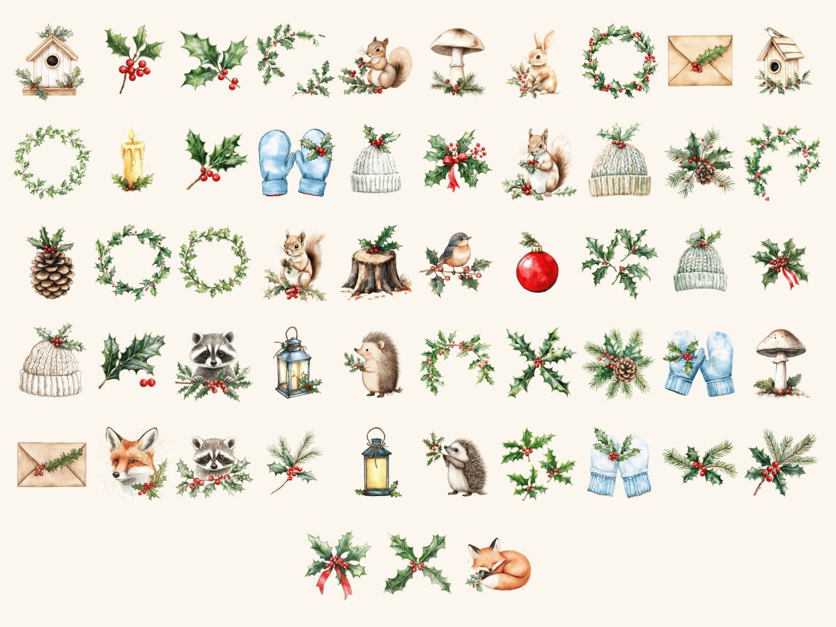 Holly Forest Watercolor Clipart All Bundles Clipart Line Art - WondersArtist