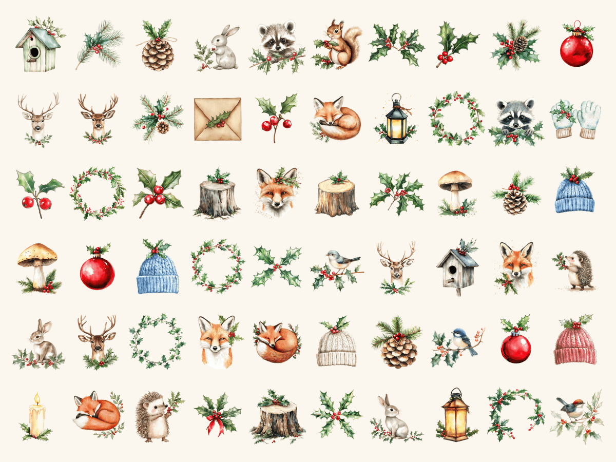 Holly Forest Watercolor Clipart All Bundles Clipart Line Art - WondersArtist