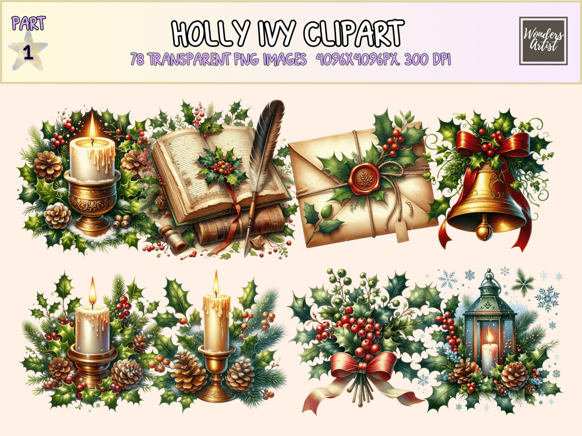 Holly Ivy Clipart All Bundles Clipart Line Art - WondersArtist