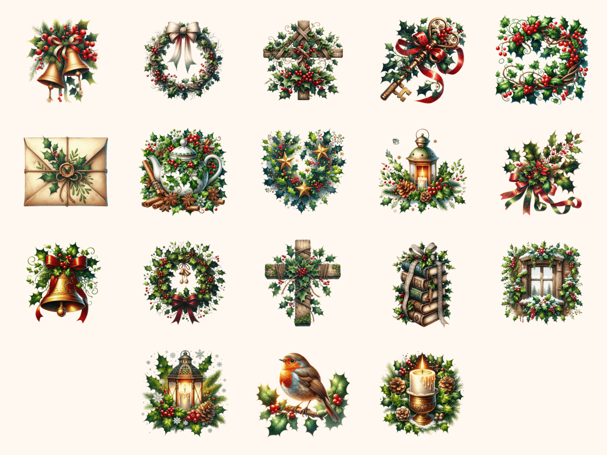 Holly Ivy Clipart All Bundles Clipart Line Art - WondersArtist