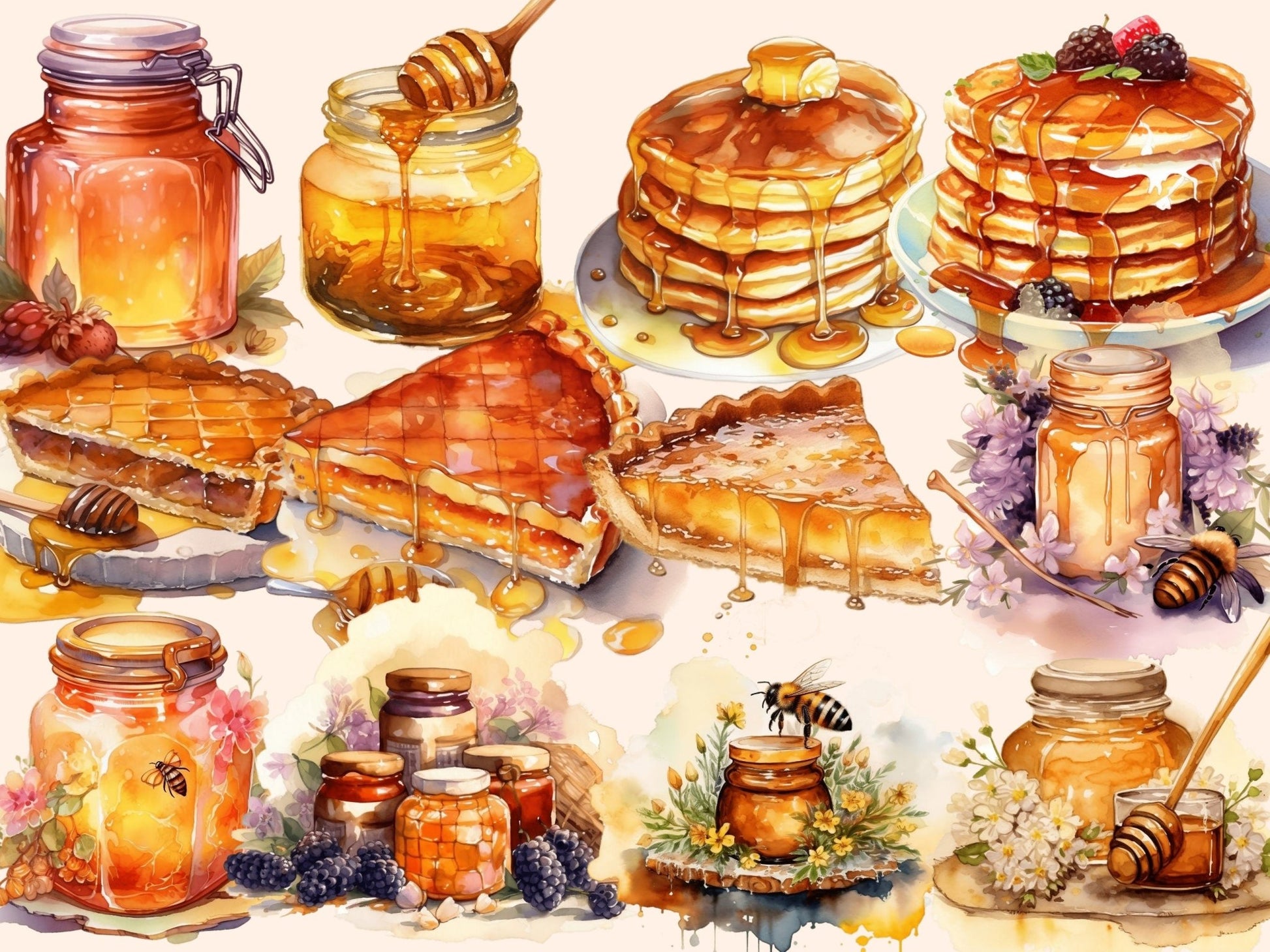 Honey Treats Watercolor Clipart - High - Quality Instant Digital Download for Creative Projects