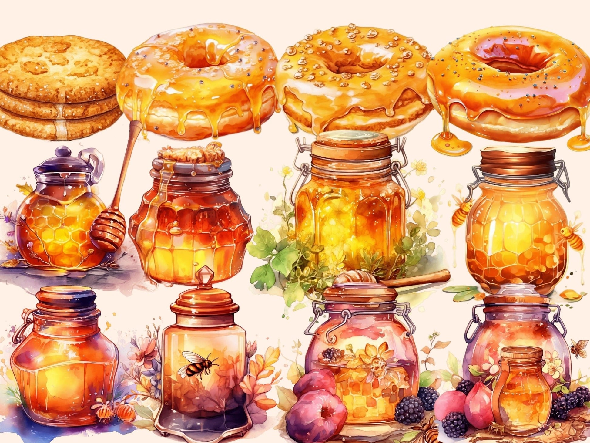 Honey Treats Watercolor Clipart - High - Quality Instant Digital Download for Creative Projects