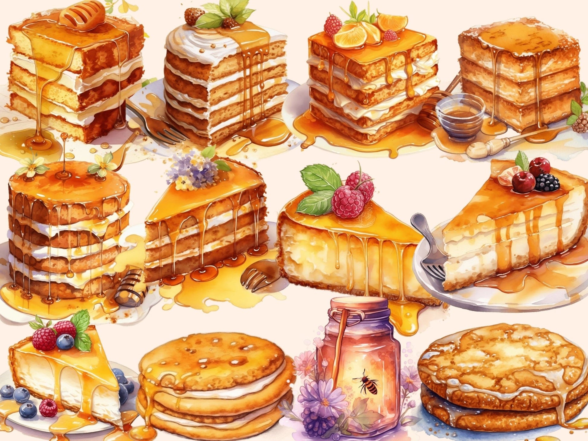 Honey Treats Watercolor Clipart - High - Quality Instant Digital Download for Creative Projects