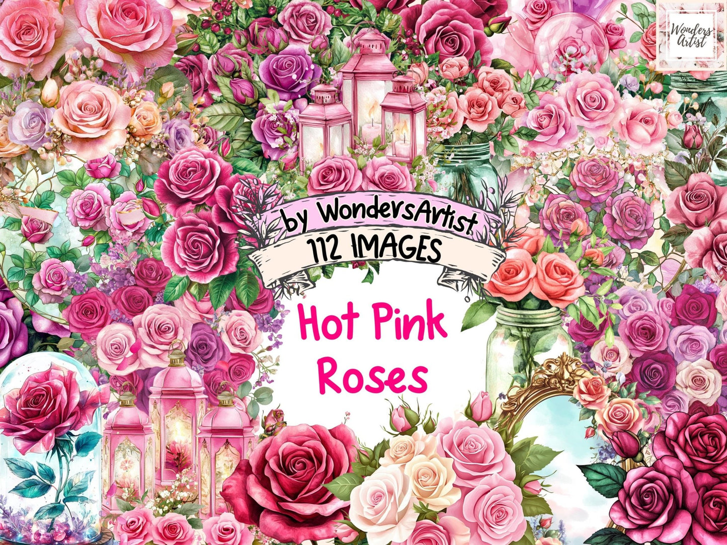 Hot Pink Roses Watercolor Clipart Bundle - High - Quality Instant Digital Download for Creative Projects