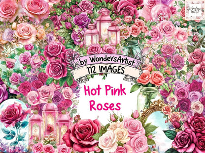 Hot Pink Roses Watercolor Clipart Bold Pink Roses PNG - Wonders Artist