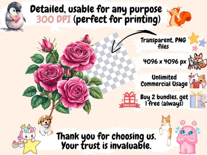 Hot Pink Roses Watercolor Clipart Bold Pink Roses PNG - Wonders Artist