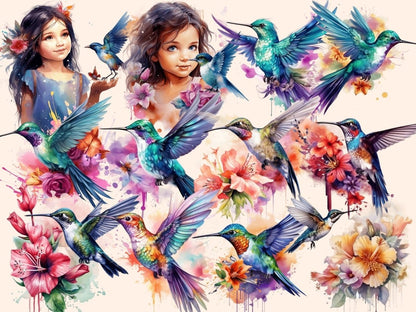 Hummingbirds Watercolor Clipart bird printables - Wonders Artist