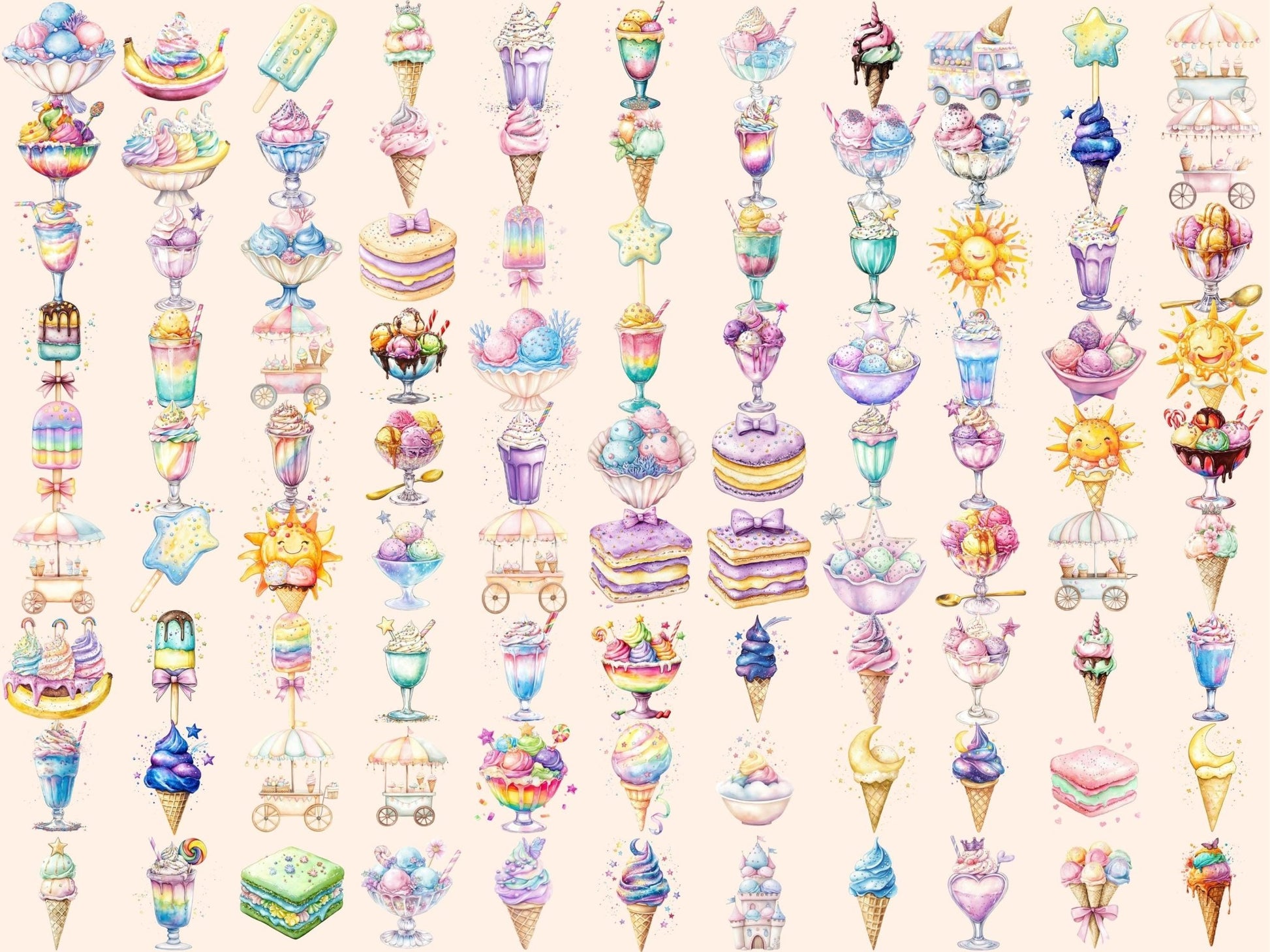 Ice Cream Dreams Watercolor Clipart Bundle - High - Quality Instant Digital Download for Creative Projects