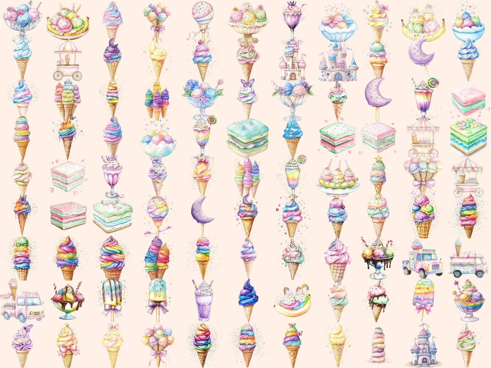 Ice Cream Dreams Watercolor Clipart Bundle - High - Quality Instant Digital Download for Creative Projects