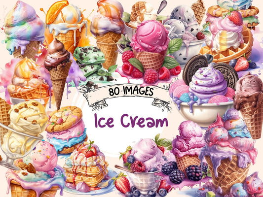 Ice Cream Watercolor Clipart - High - Quality Instant Digital Download for Creative Projects