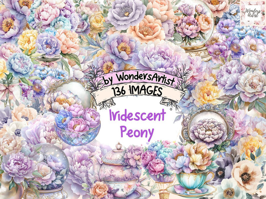 Iridescent Peony Watercolor Clipart Bundle - High - Quality Instant Digital Download for Creative Projects