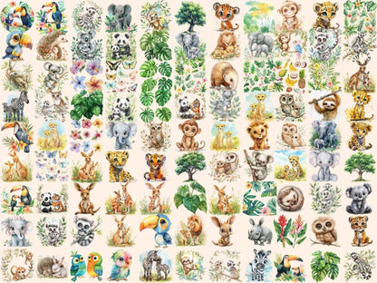 Jungle Babies Watercolor Clipart - High - Quality Instant Digital Download for Creative Projects