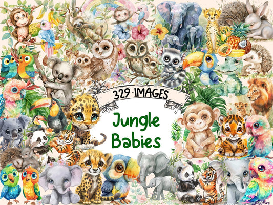 Jungle Babies Watercolor Clipart - High - Quality Instant Digital Download for Creative Projects