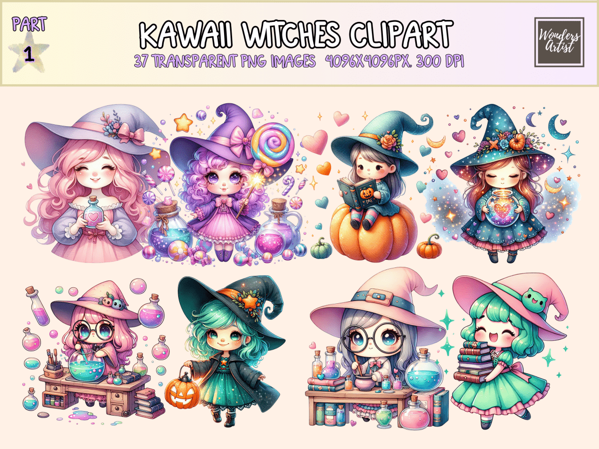 Kawaii Witches Clipart All Bundles Clipart Line Art - WondersArtist